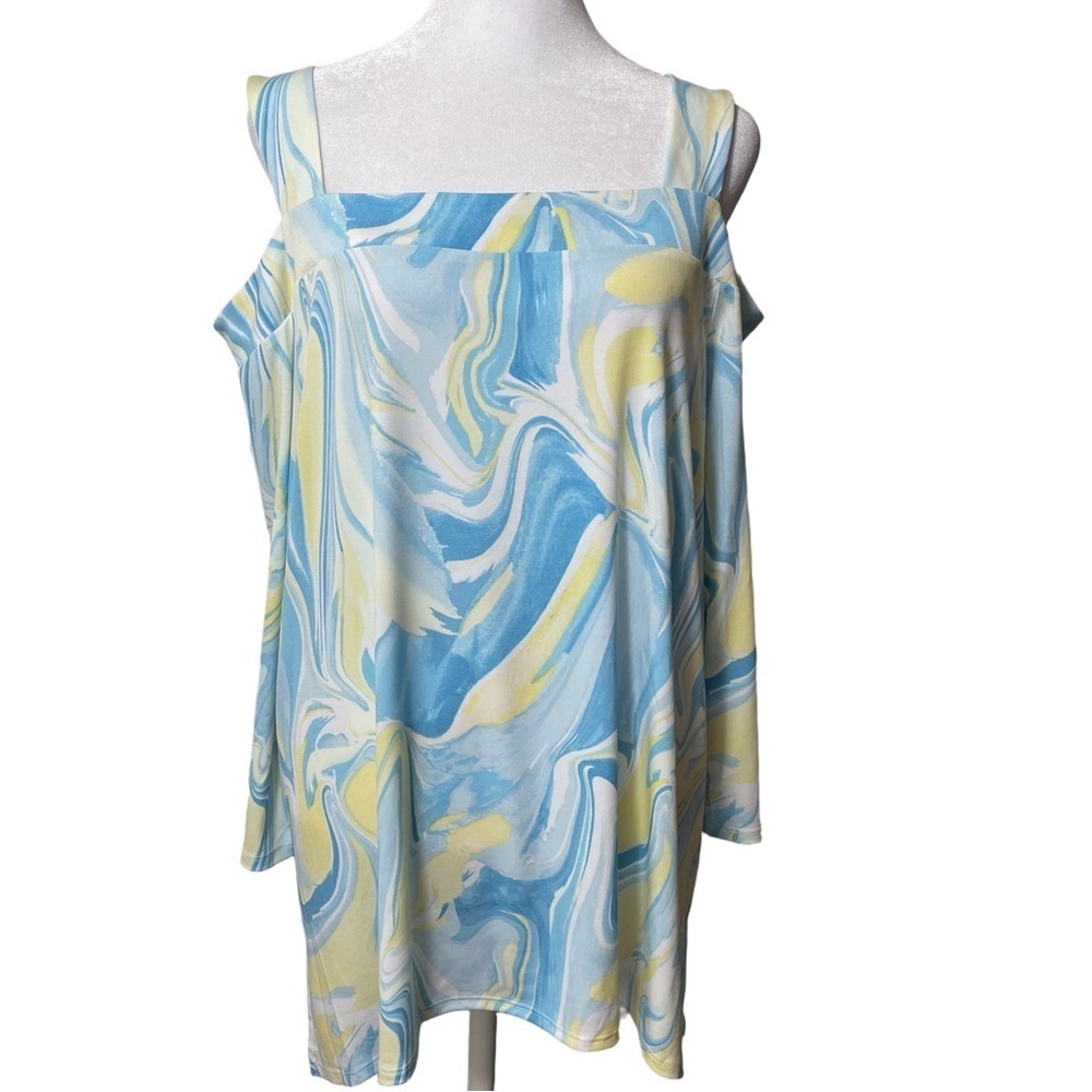 JM Collection Cold Shoulder 3/4 Sleeve Ocean Blue Yellow White Marble Tunic Top